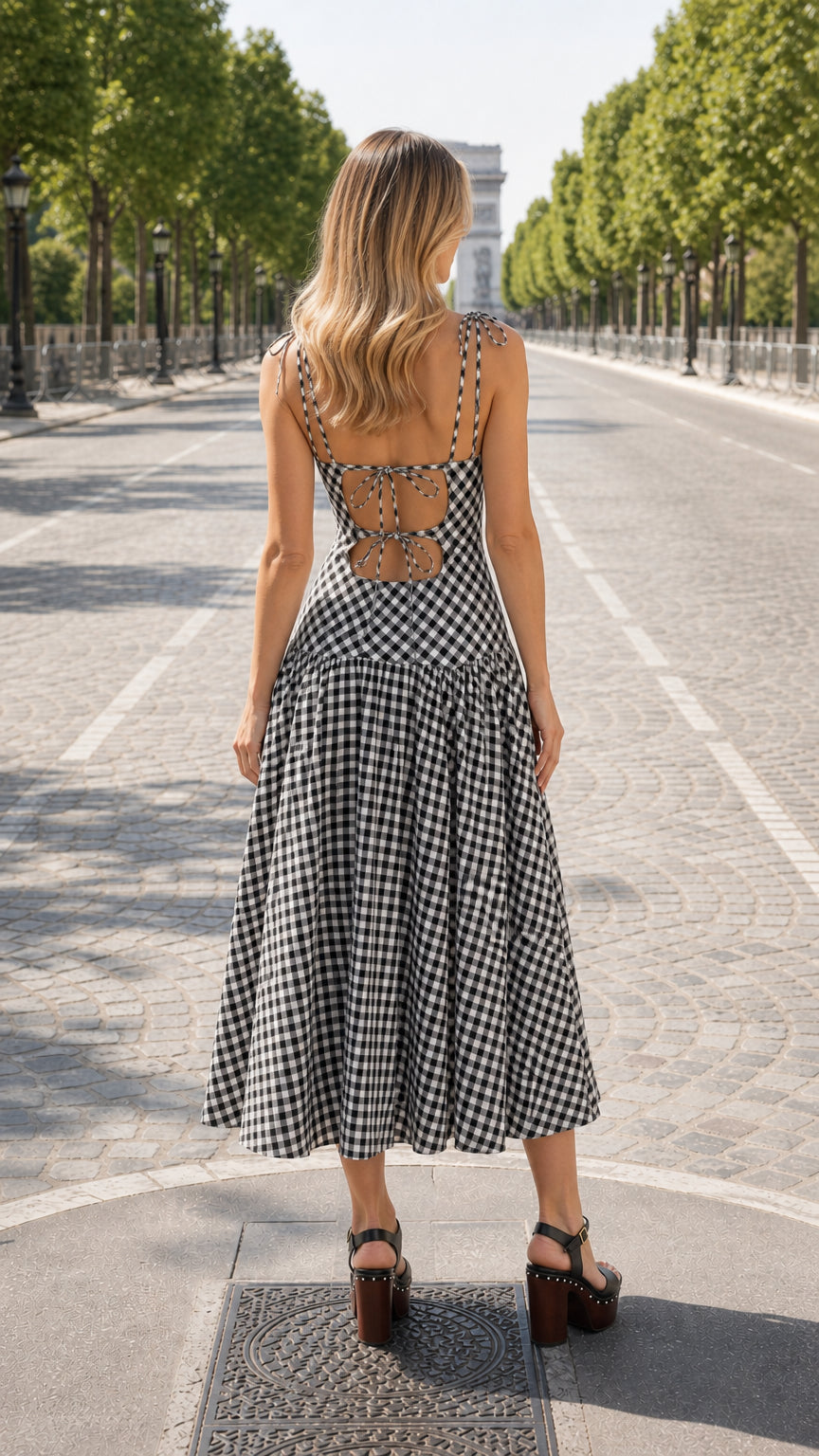 Back view of black and white gingham midi dress showing lace-up detail