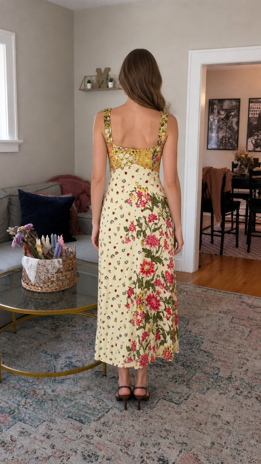 Back view of yellow floral patchwork midi dress on model