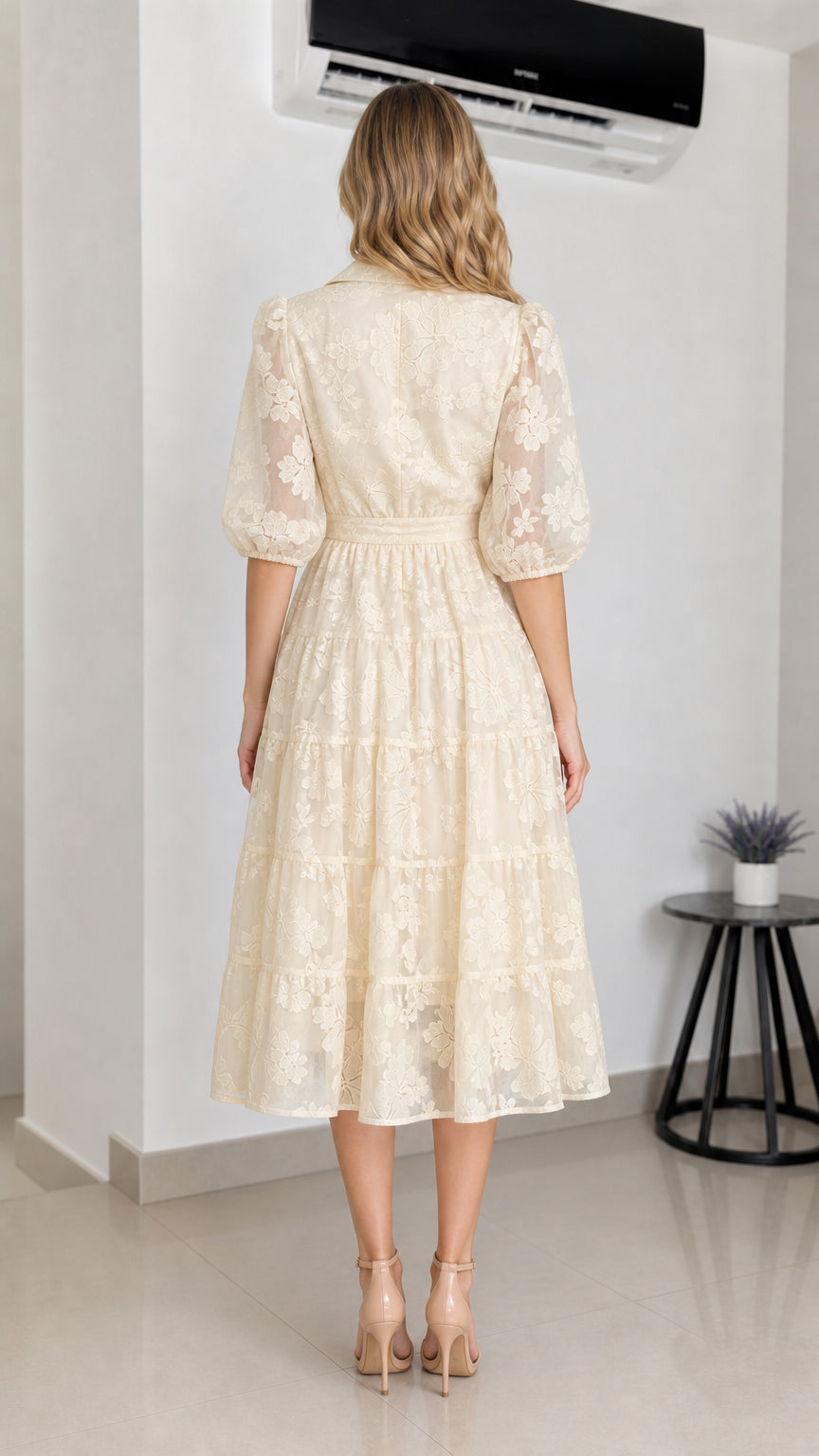Back view of cream floral embroidered midi dress