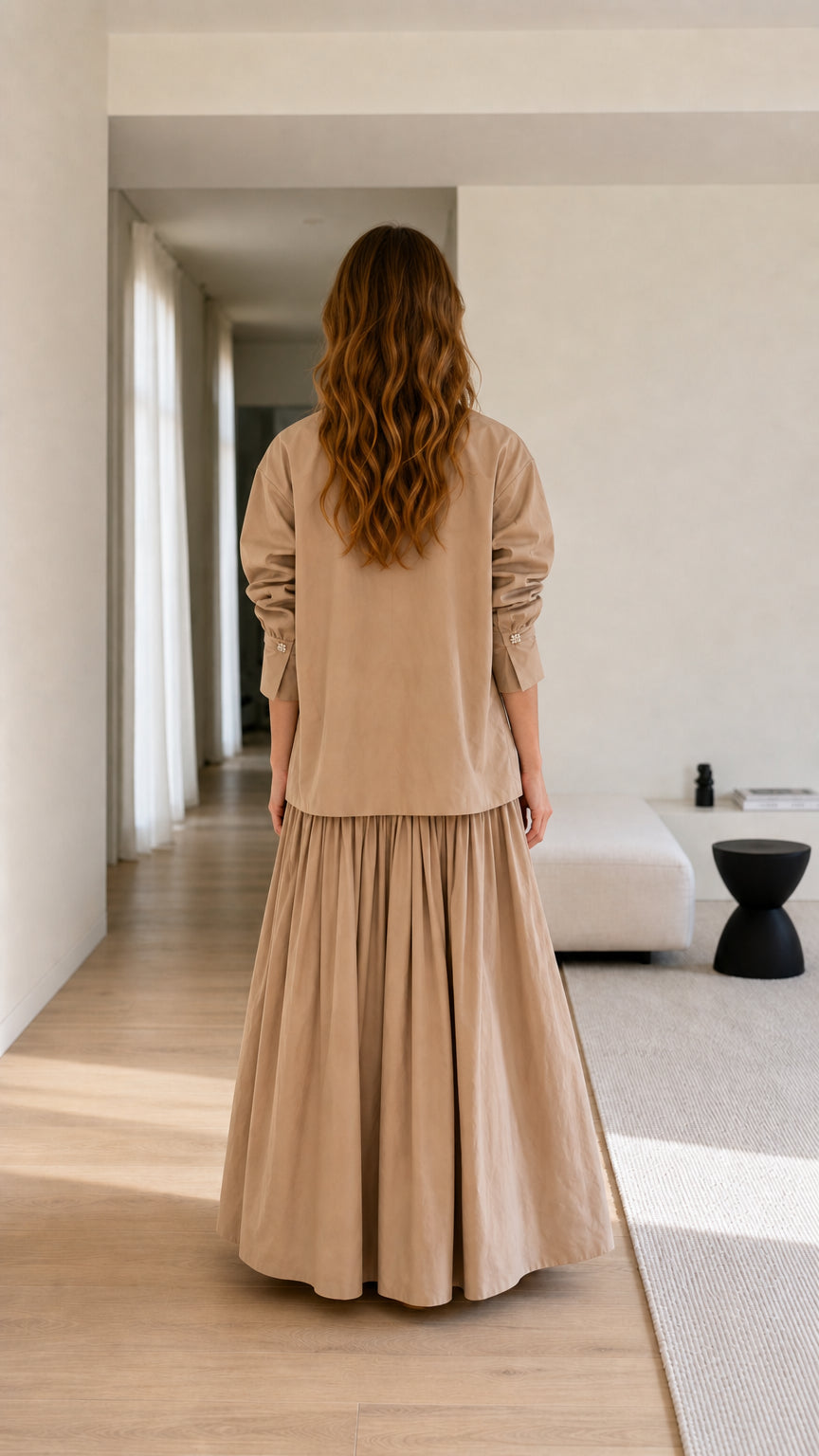 Model wearing khaki two-piece set back view