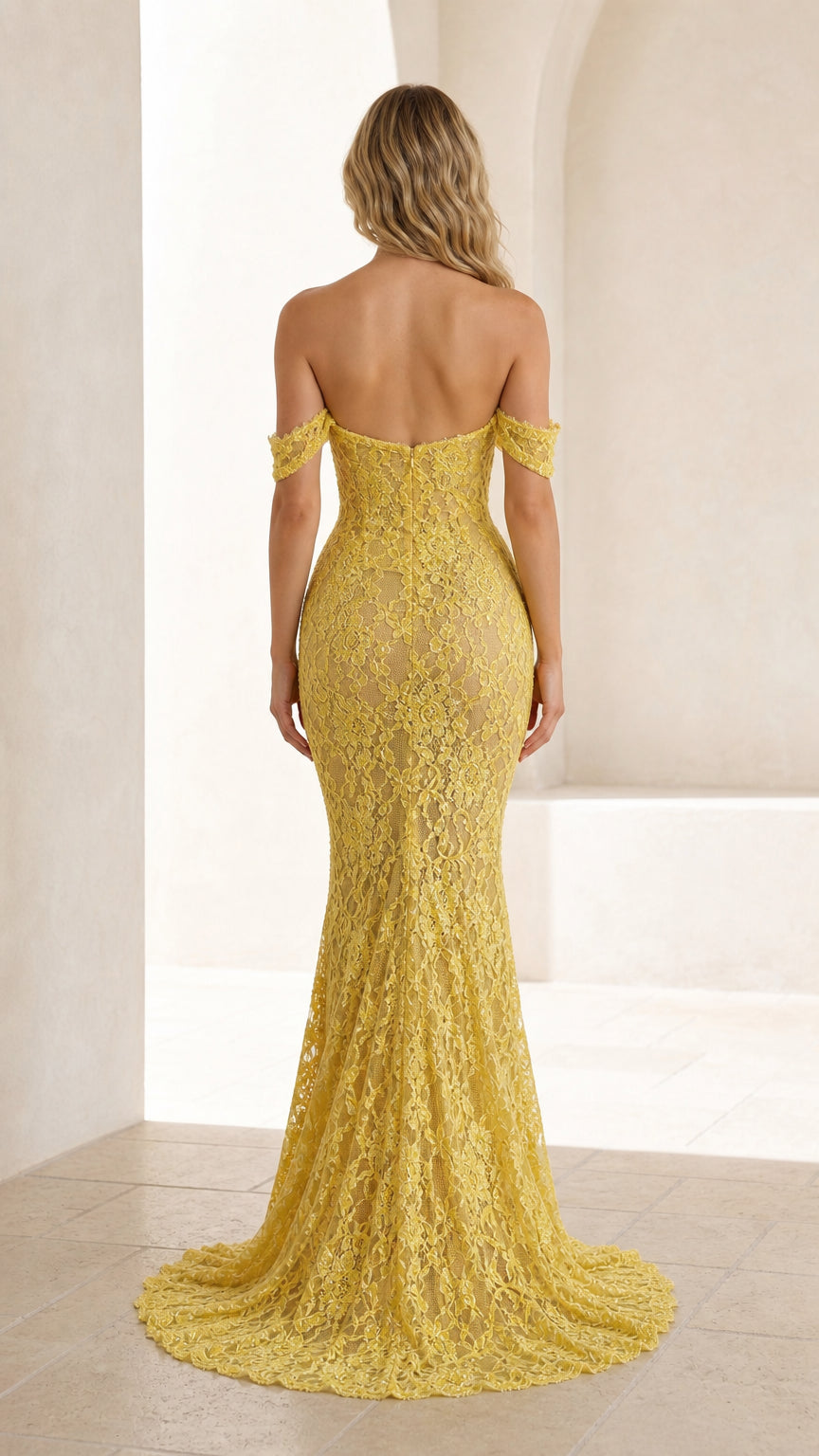 Back view of yellow lace formal dress