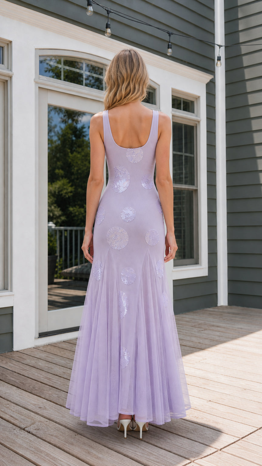 Back view of sleeveless lavender maxi dress