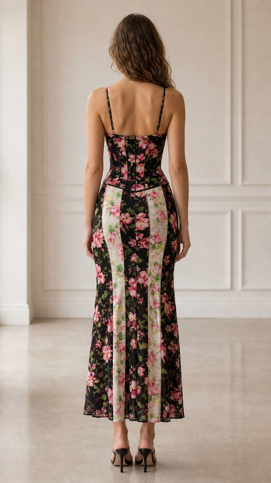 Back view of woman wearing Black floral corset midi dress set