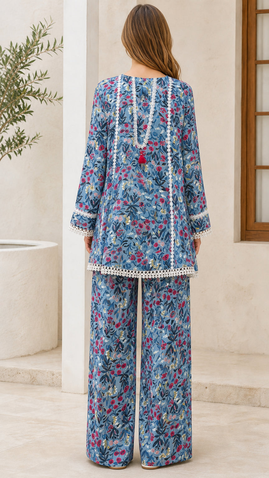Model wearing blue floral matching set back view