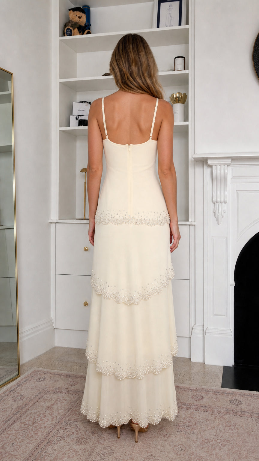 Back view of Ivory beaded tiered maxi dress