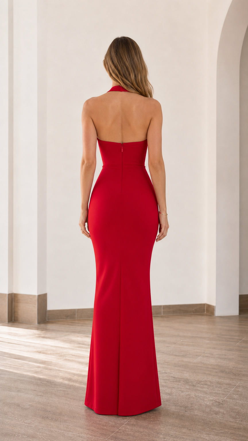 Back view of model in red sleeveless maxi dress