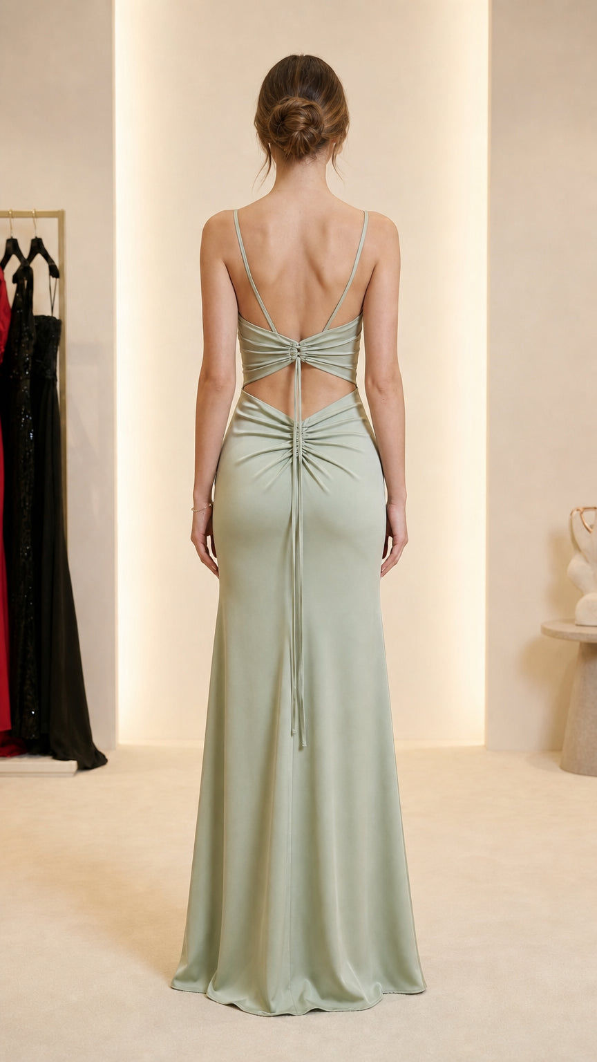 Back view of sage green evening gown showing back cutout and gathering