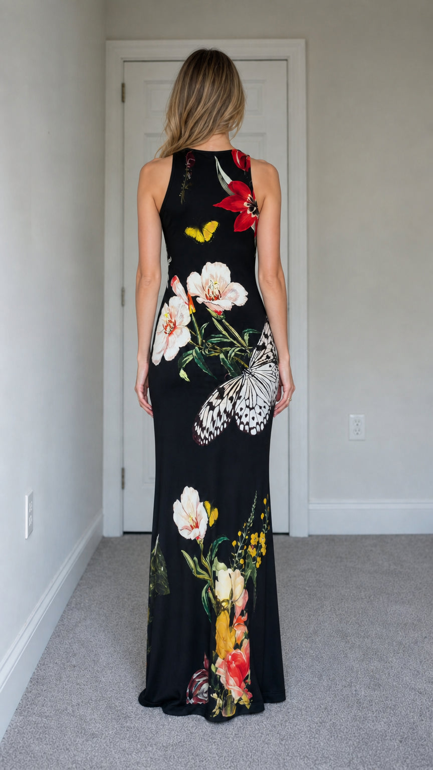 Model wearing black floral maxi dress from the back view