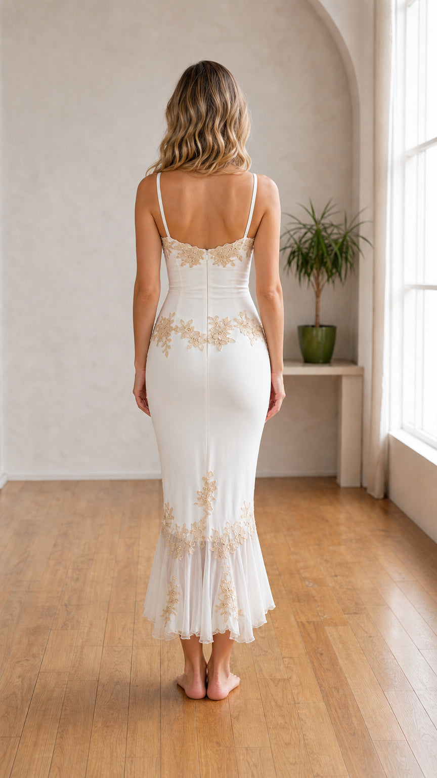 Back view of White embroidered slip midi dress