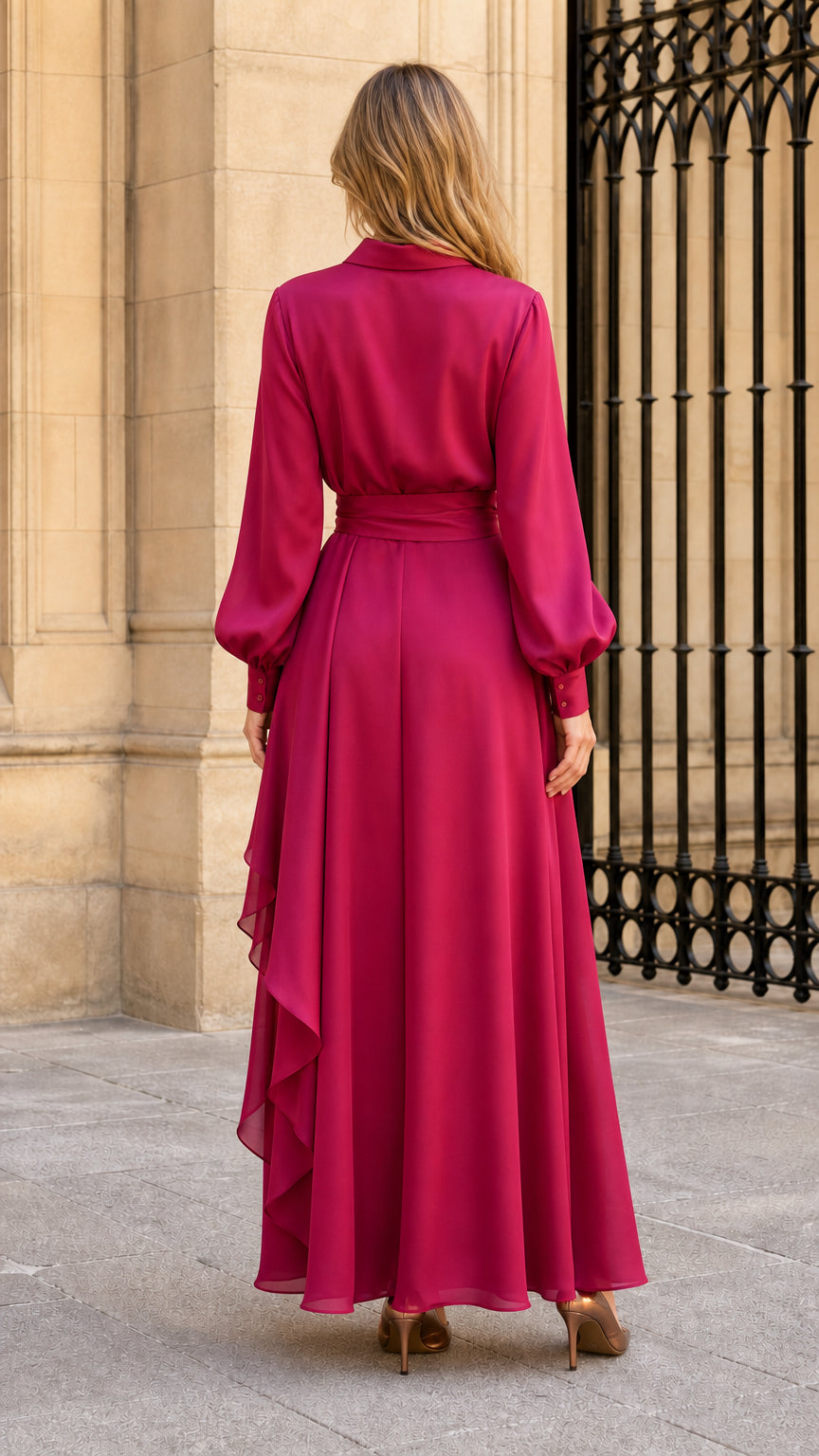 Back view of model in fuchsia ruffle maxi dress