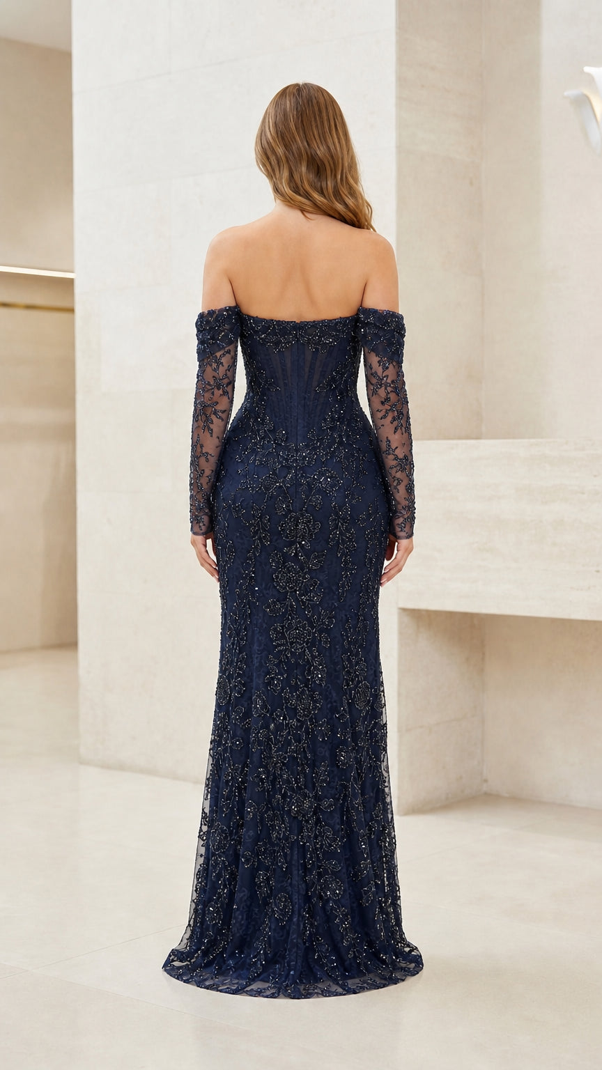 Back view of Navy lace evening gown