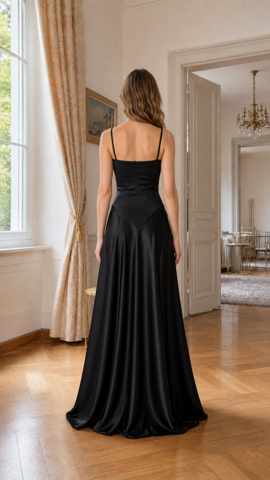 Back view of black satin maxi dress