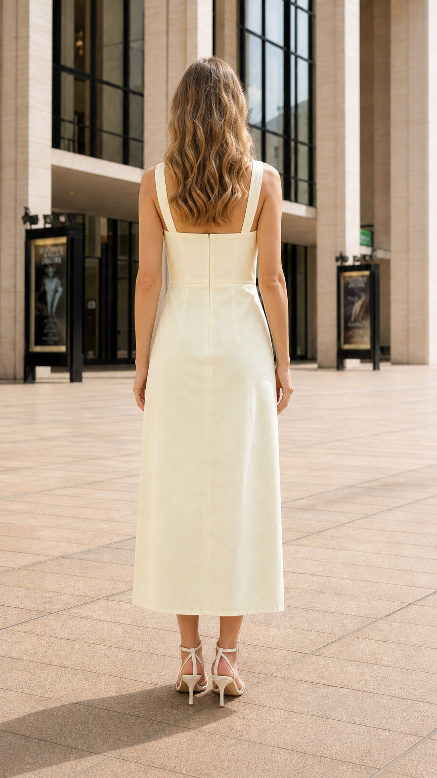 Back view of model in yellow midi dress
