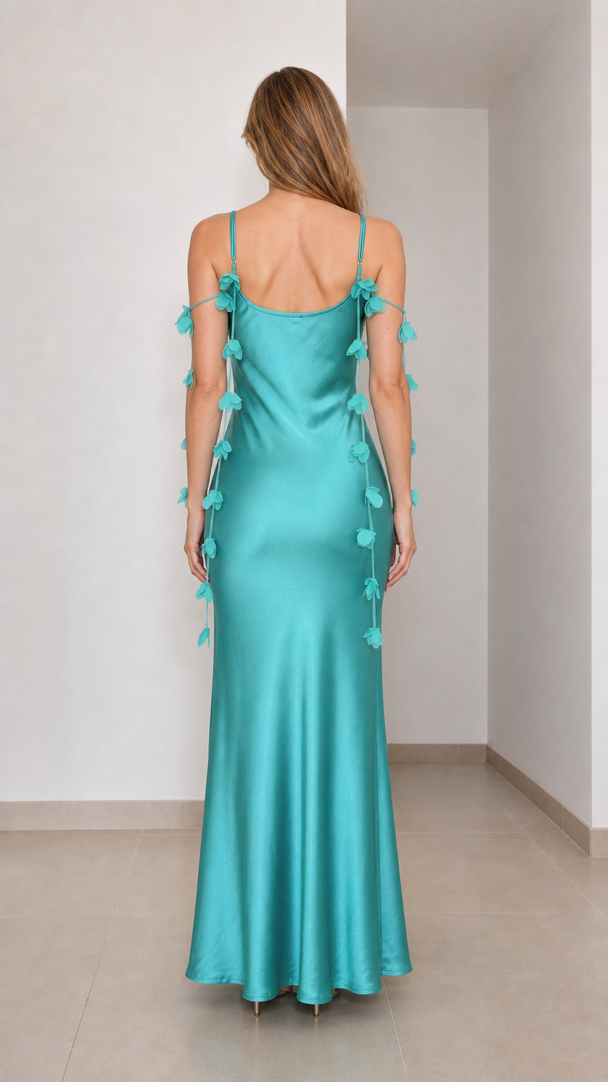 Back view of teal satin maxi dress