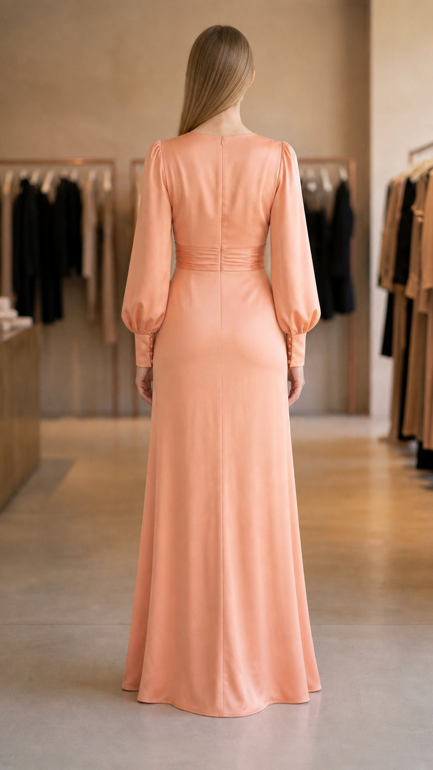 Model wearing peach ruched maxi dress back view