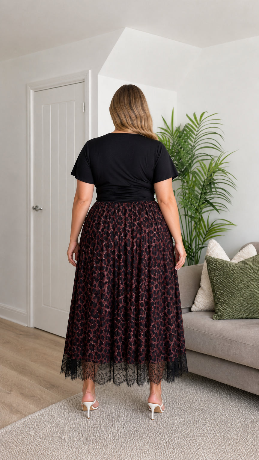 Back view of plus size burgundy leopard print midi dress