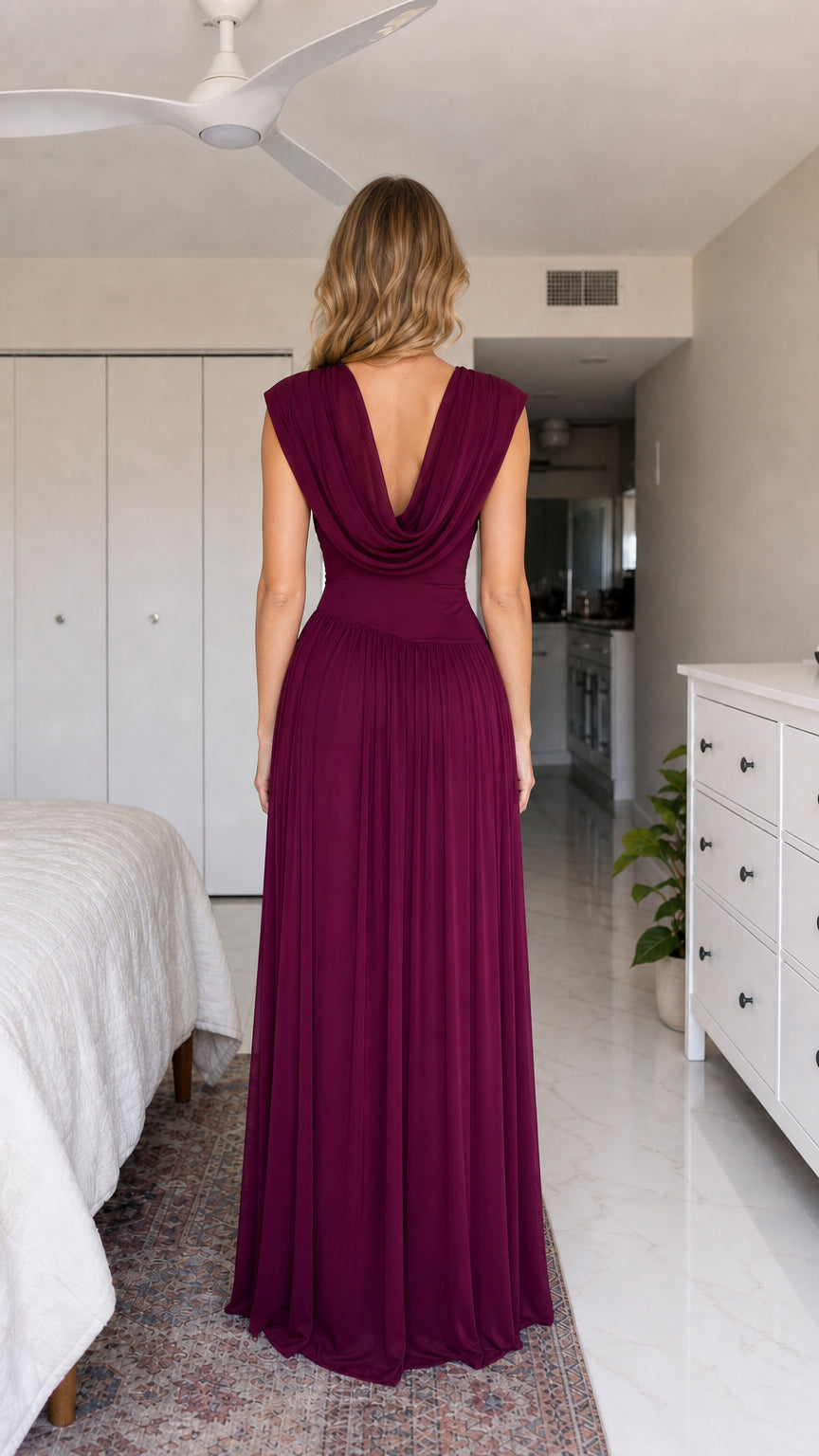 Back view showing cowl back detail on burgundy dress
