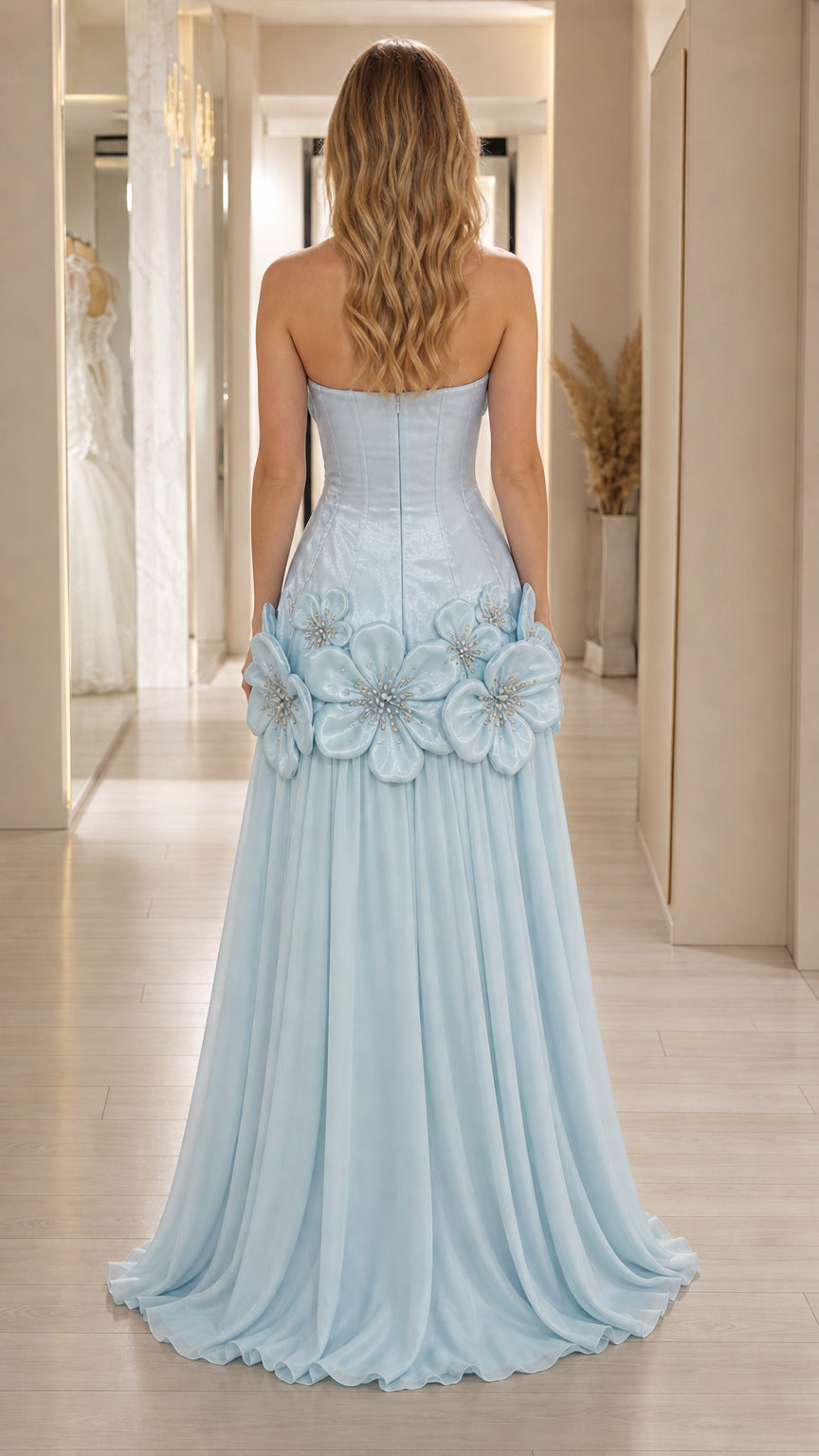Back view of light blue strapless evening gown
