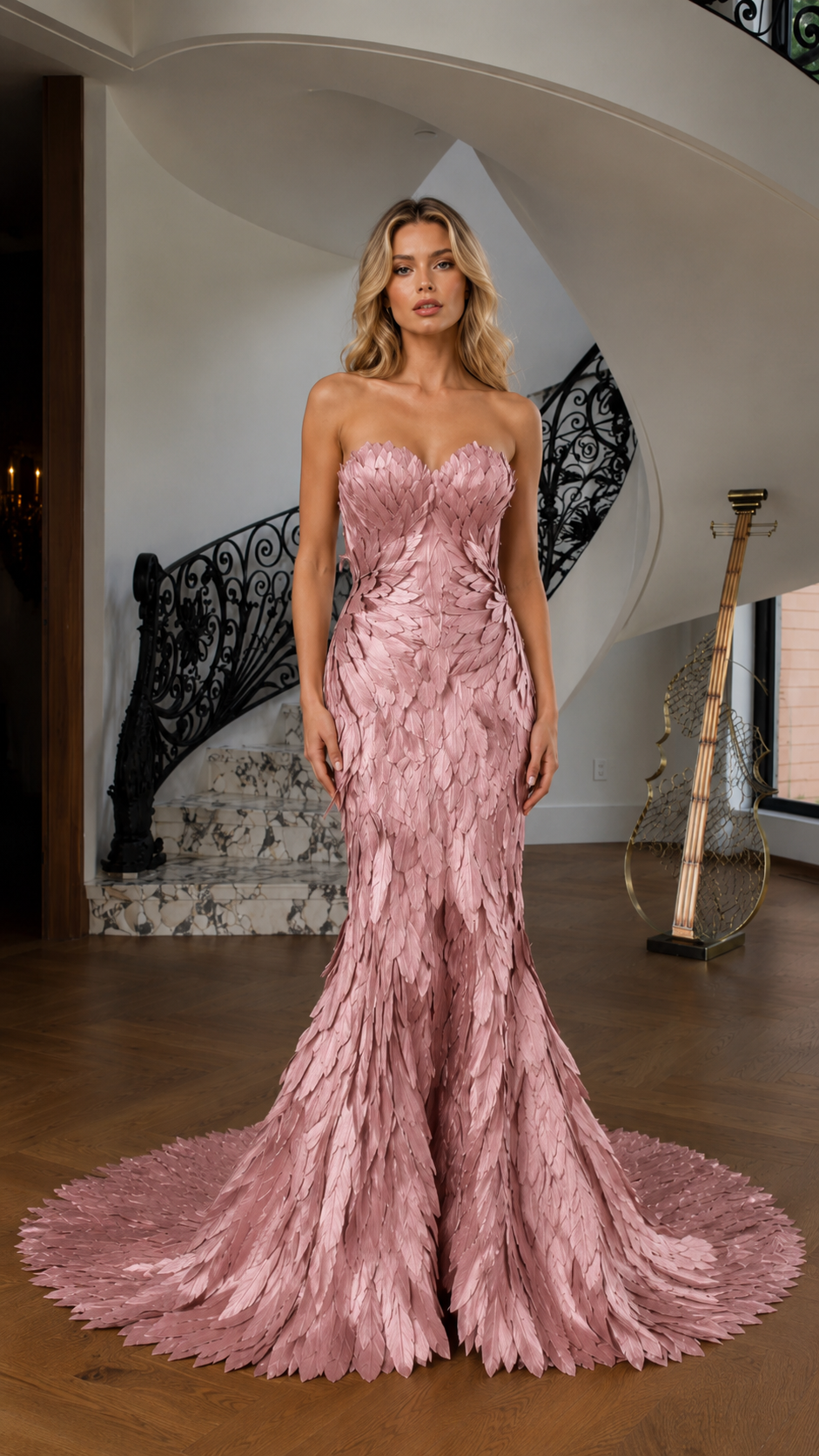 Blush pink strapless mermaid evening dress with dimensional textured surface front view