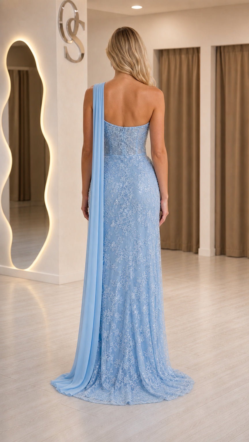 Back view of light blue evening dress with flowing fabric