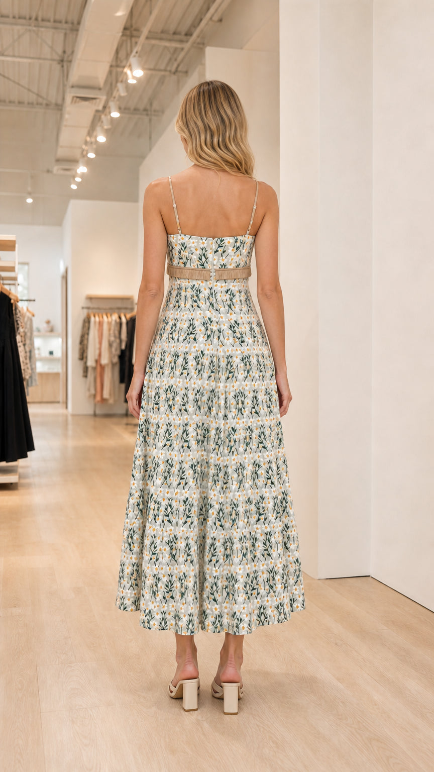 Back view of white floral maxi dress