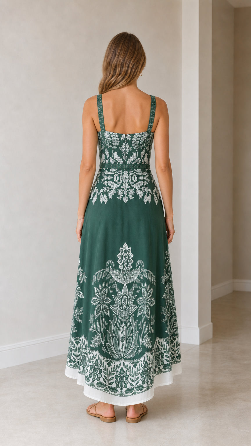 Model wearing green botanical print maxi dress from back