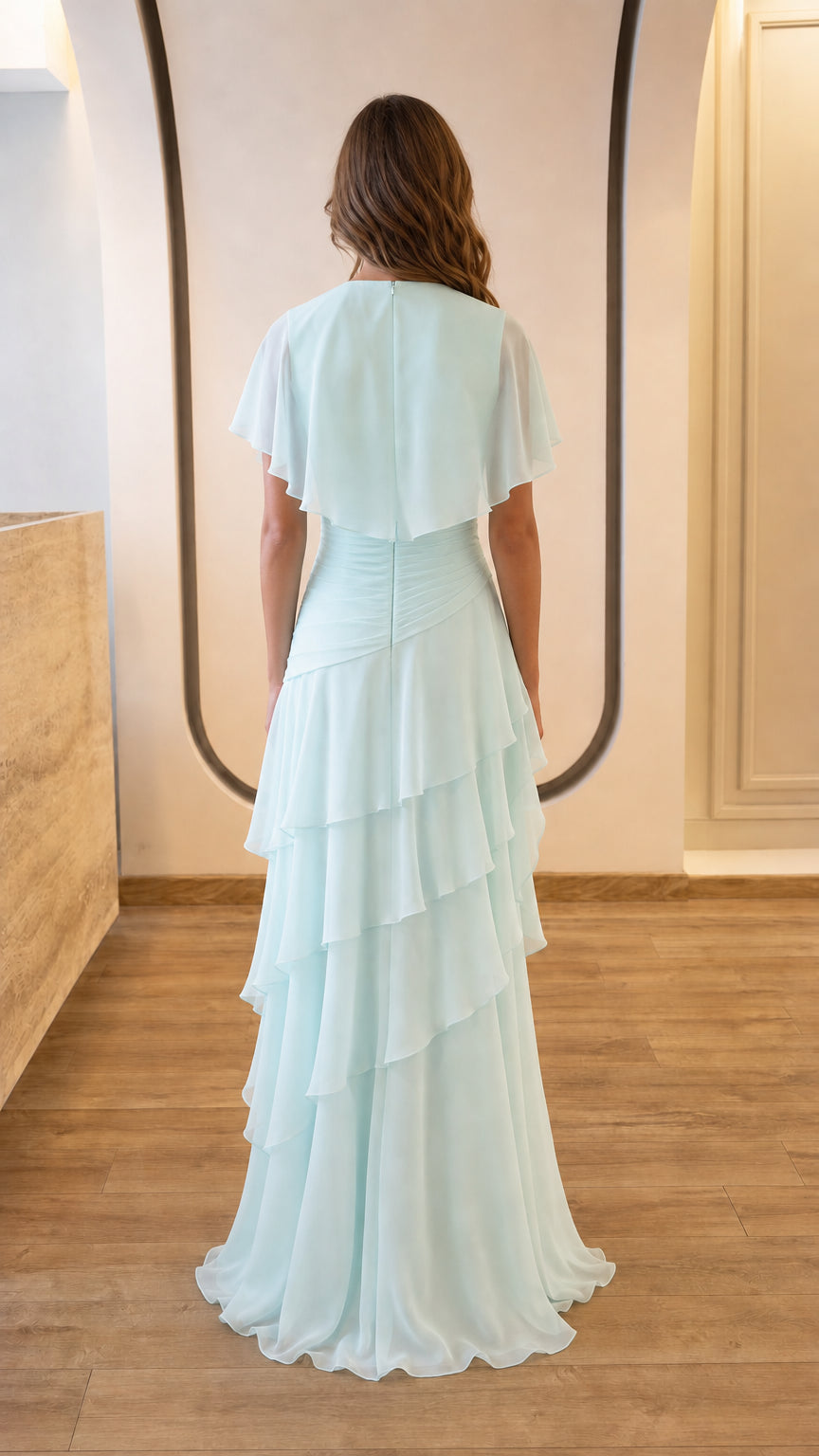 Back view of light blue tiered maxi dress