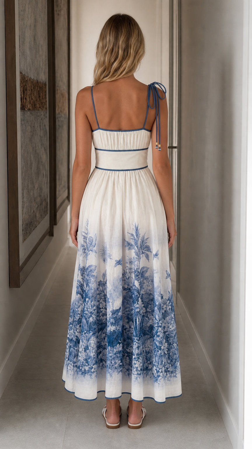 Back view showing strap details of white maxi dress