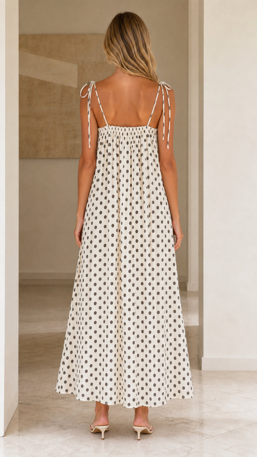 Back view of woman wearing white polka dot maxi dress