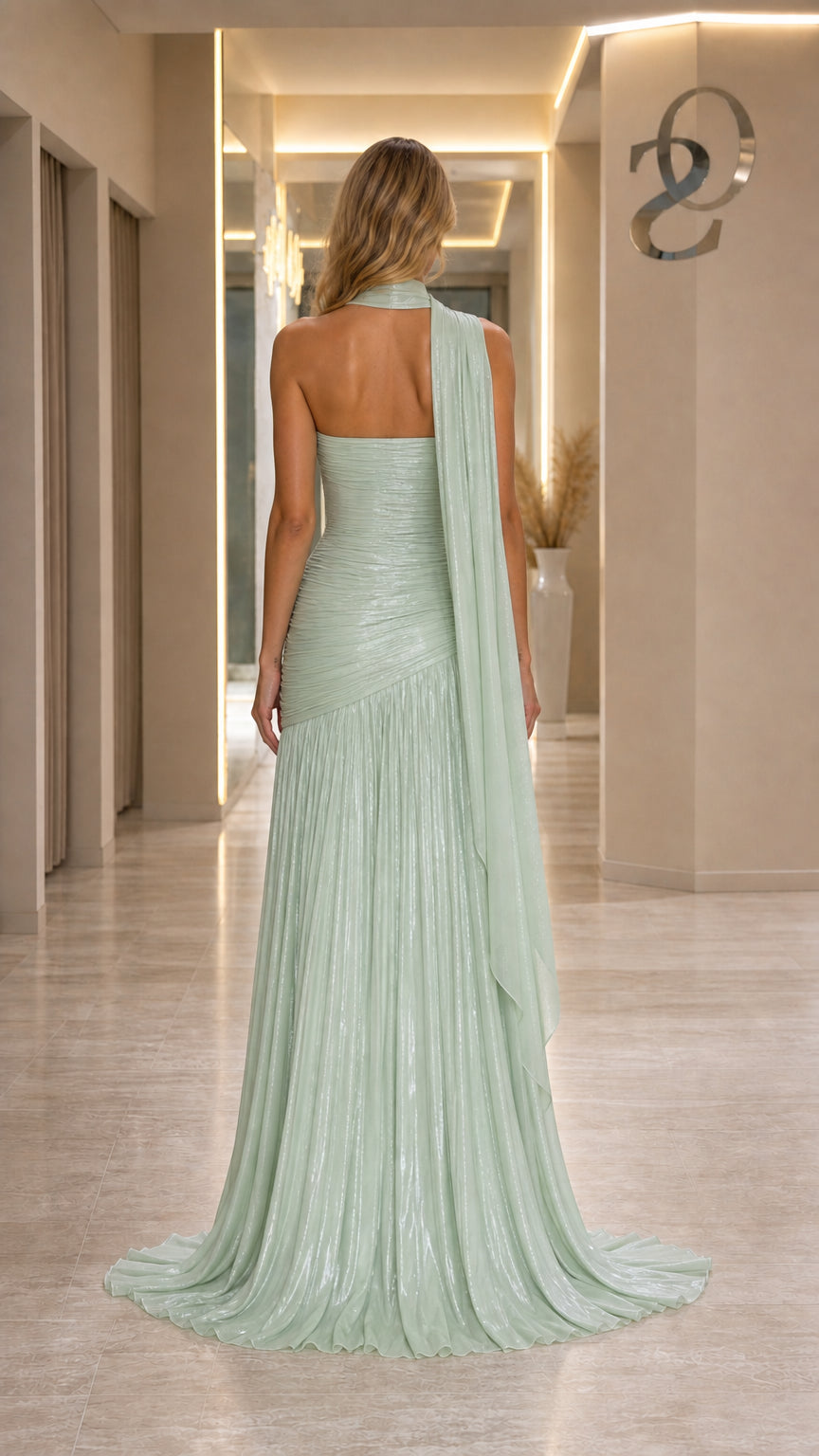 Back view of Sage Green evening gown showing sweep train