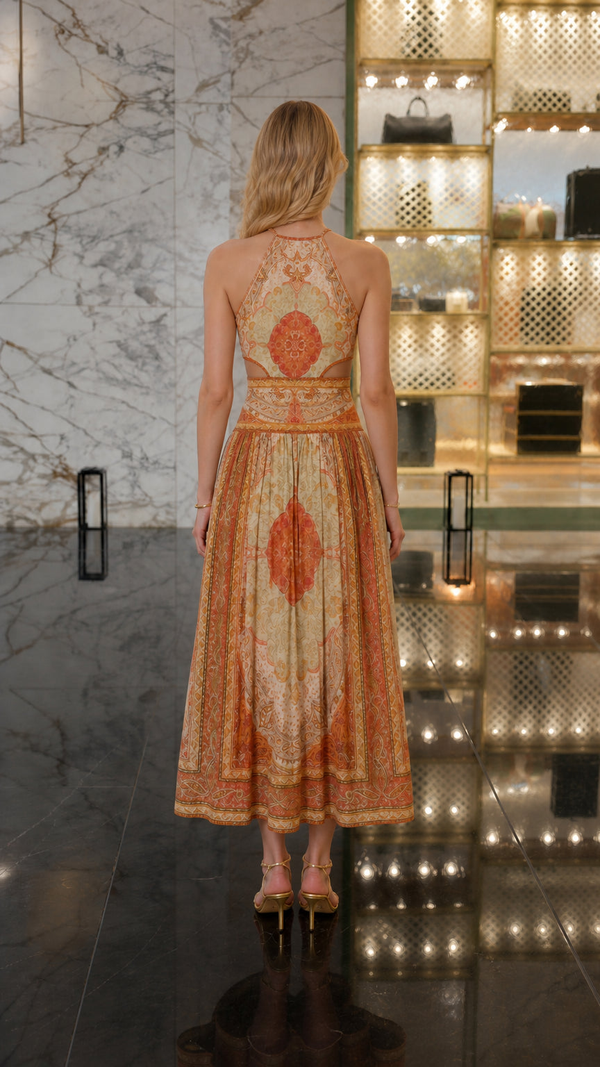 Back view of Yellow Multi halter midi dress
