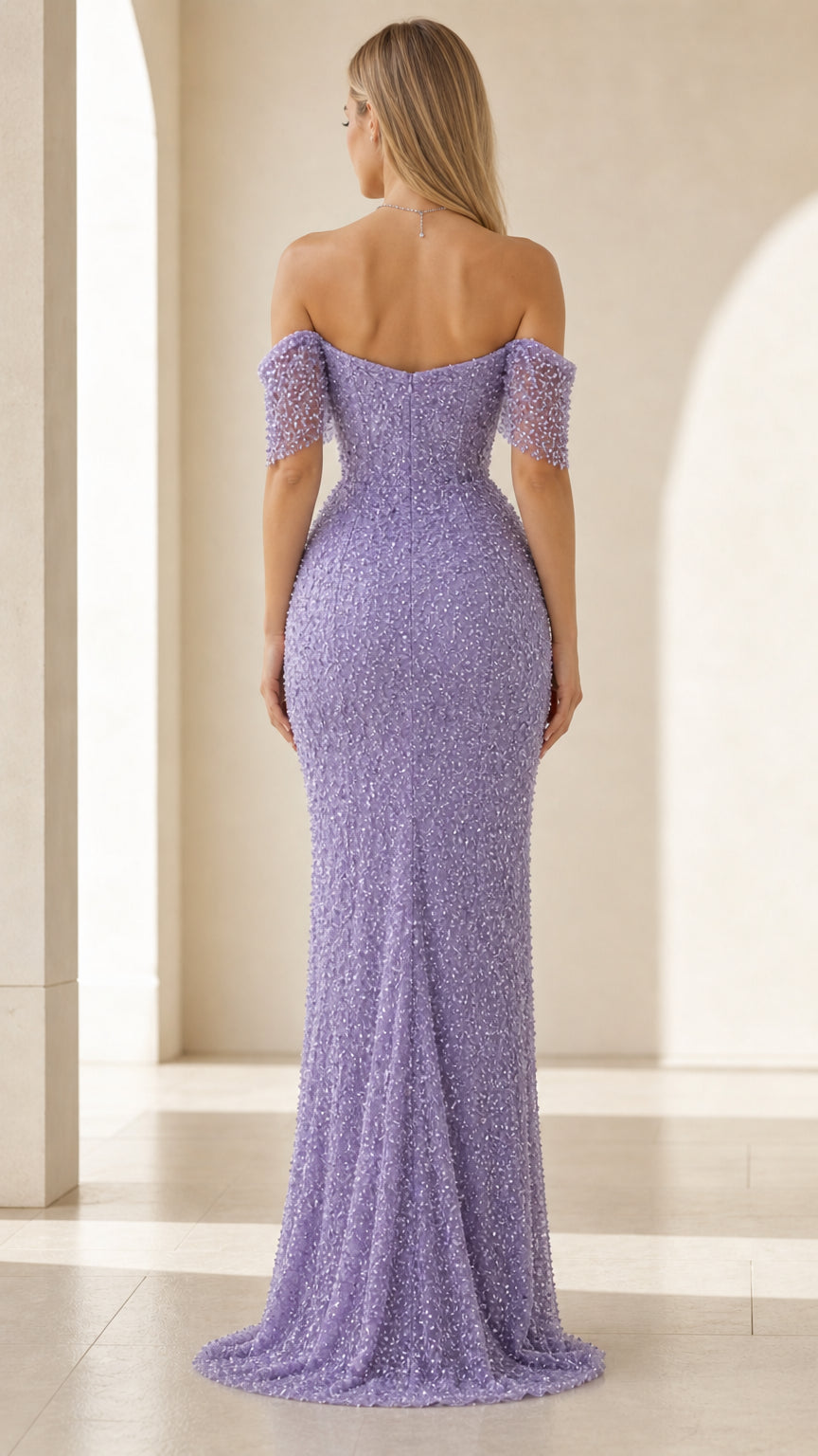 Back view of lavender off-shoulder sequin evening gown