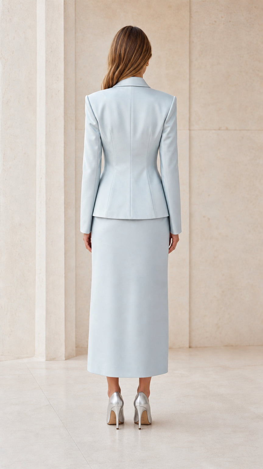Back view of light blue suit set