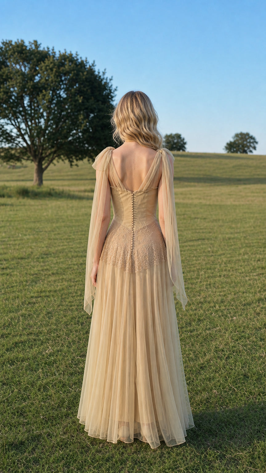 Back view of model wearing champagne tulle maxi dress with button details