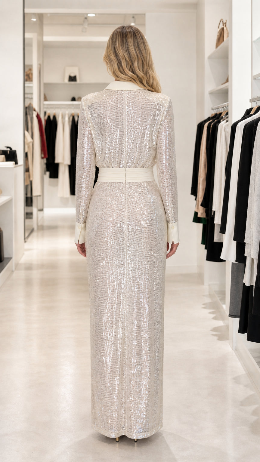 Back view of model in silver sequin maxi dress