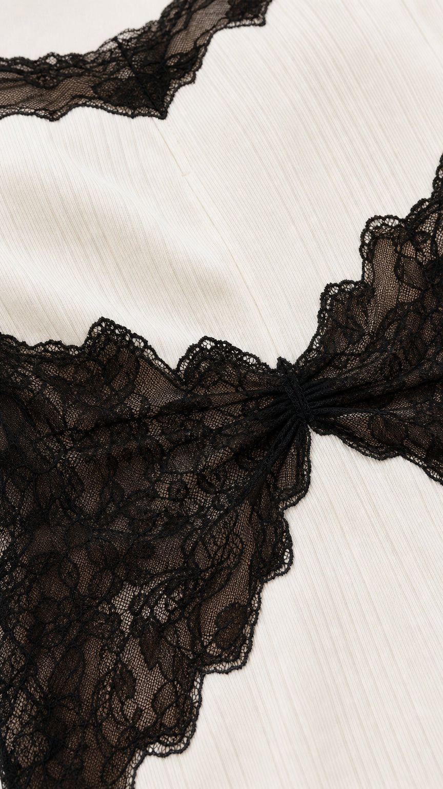 Close-up detail of black lace trim and textured fabric