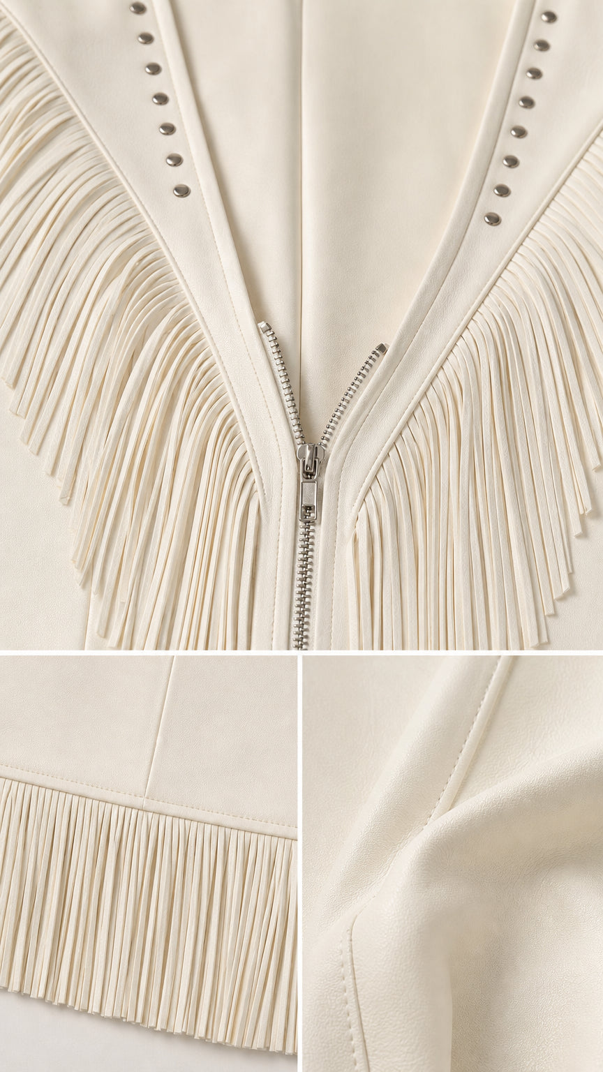Close-up details of front zipper, studs, fringe, and fabric texture