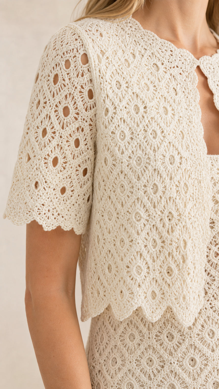 Close-up detail of crochet lace pattern and scalloped sleeve