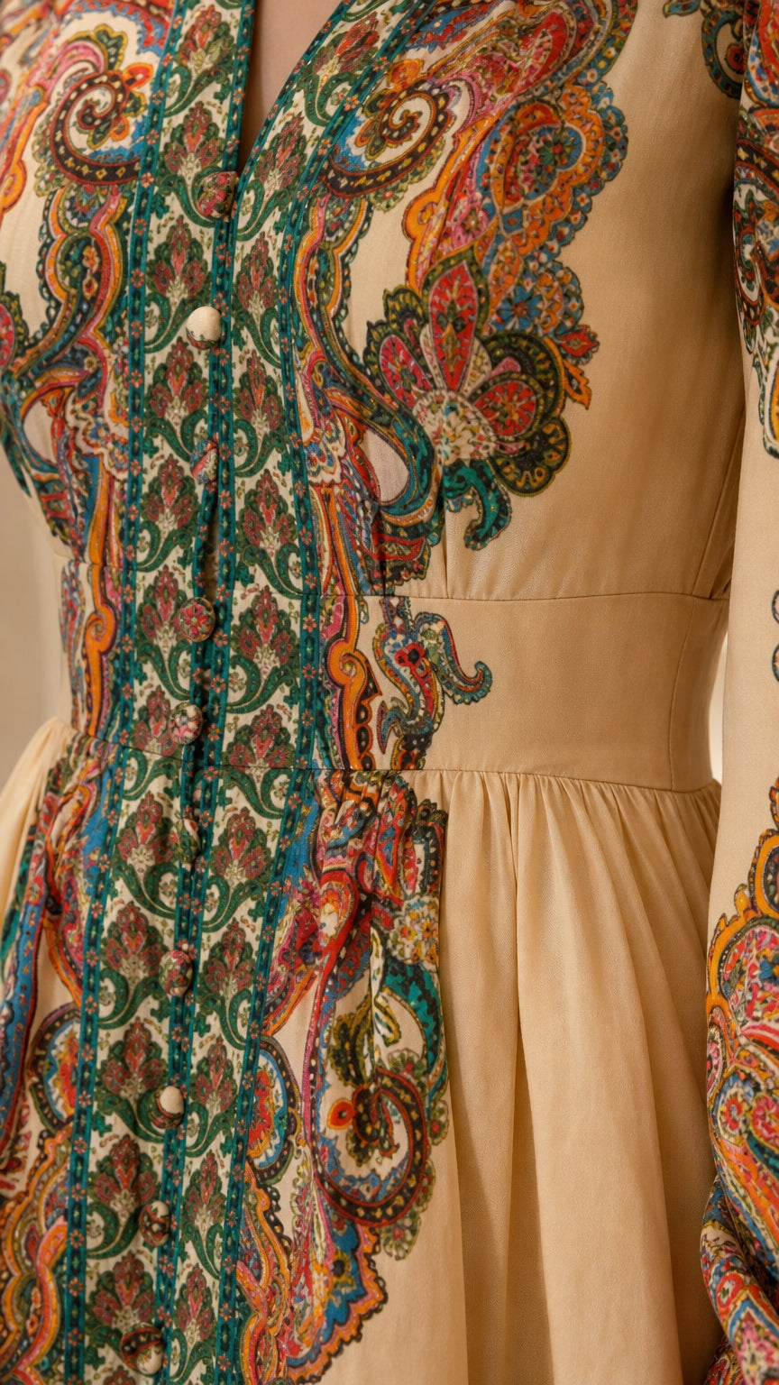 Close-up detail of paisley pattern and front button placket