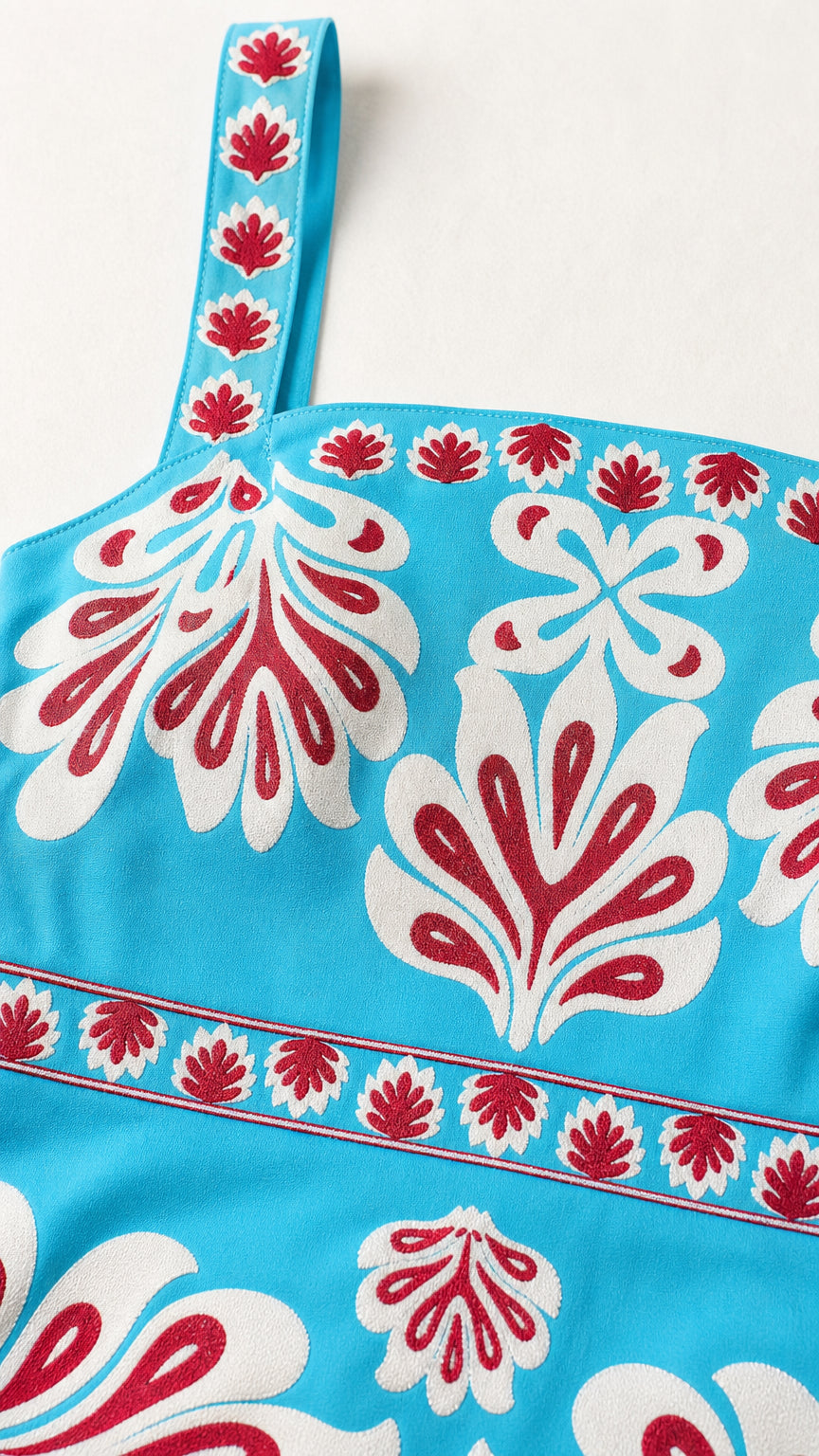 Close up of blue floral fabric and strap detail