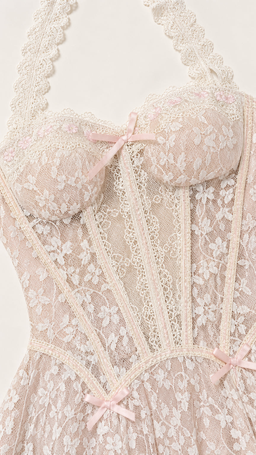 Close-up detail of corset bodice and lace texture