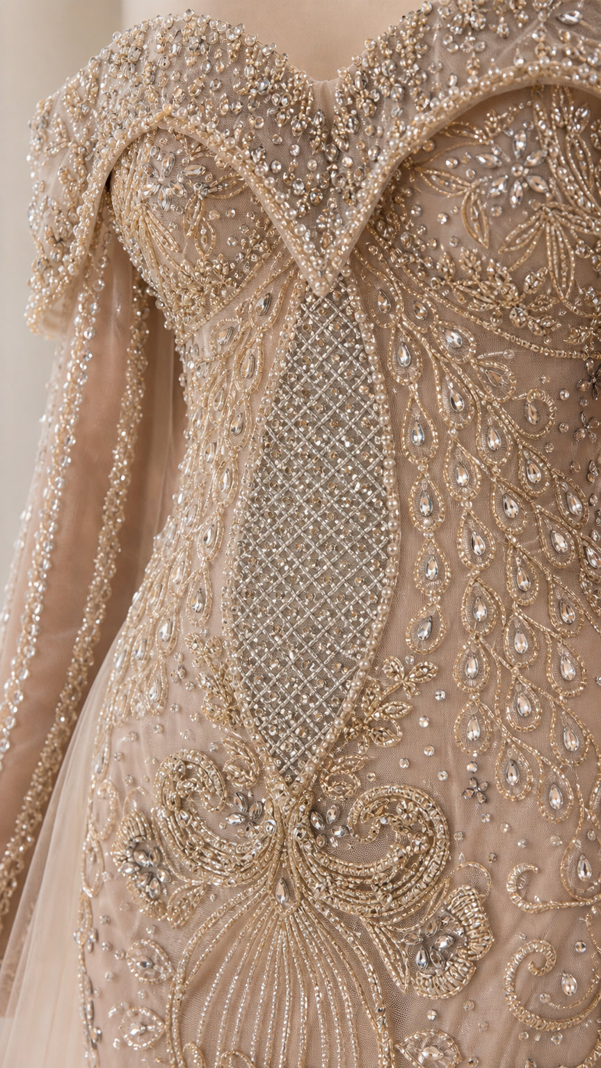 Close-up detail of ornate bodice beading and embroidery