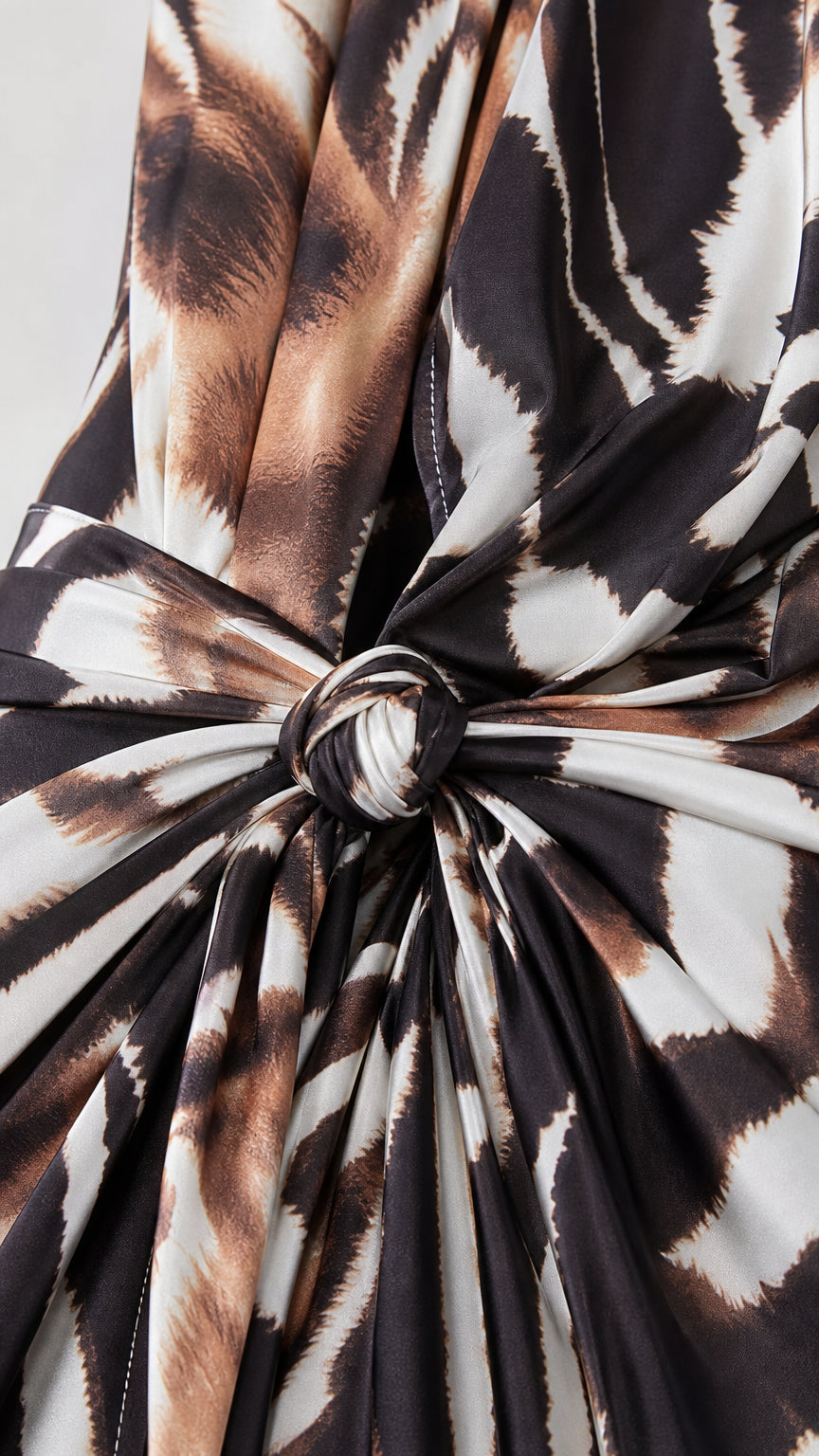 Close-up detail of the front twist knot on animal print dress