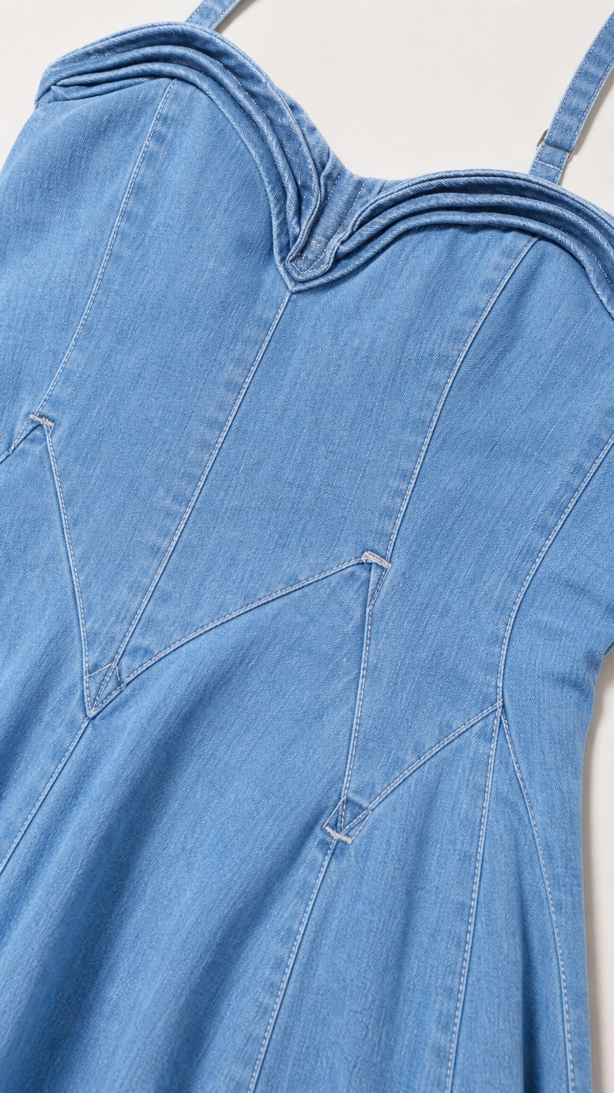 Close-up of Pleated Bustier Detail on Denim Dress