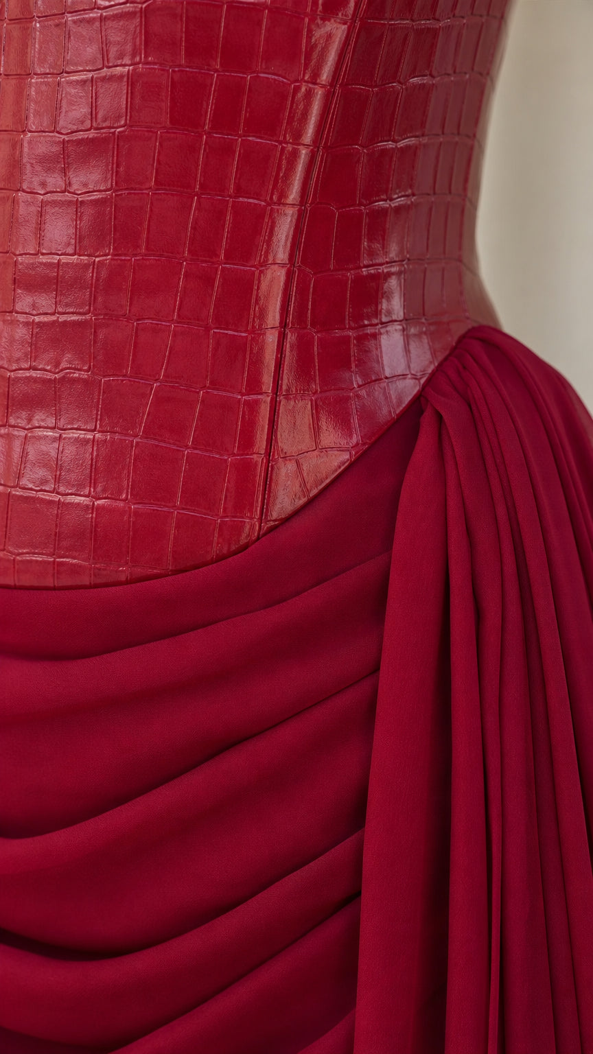 Closeup detail of red faux-croc bodice and ruched skirt