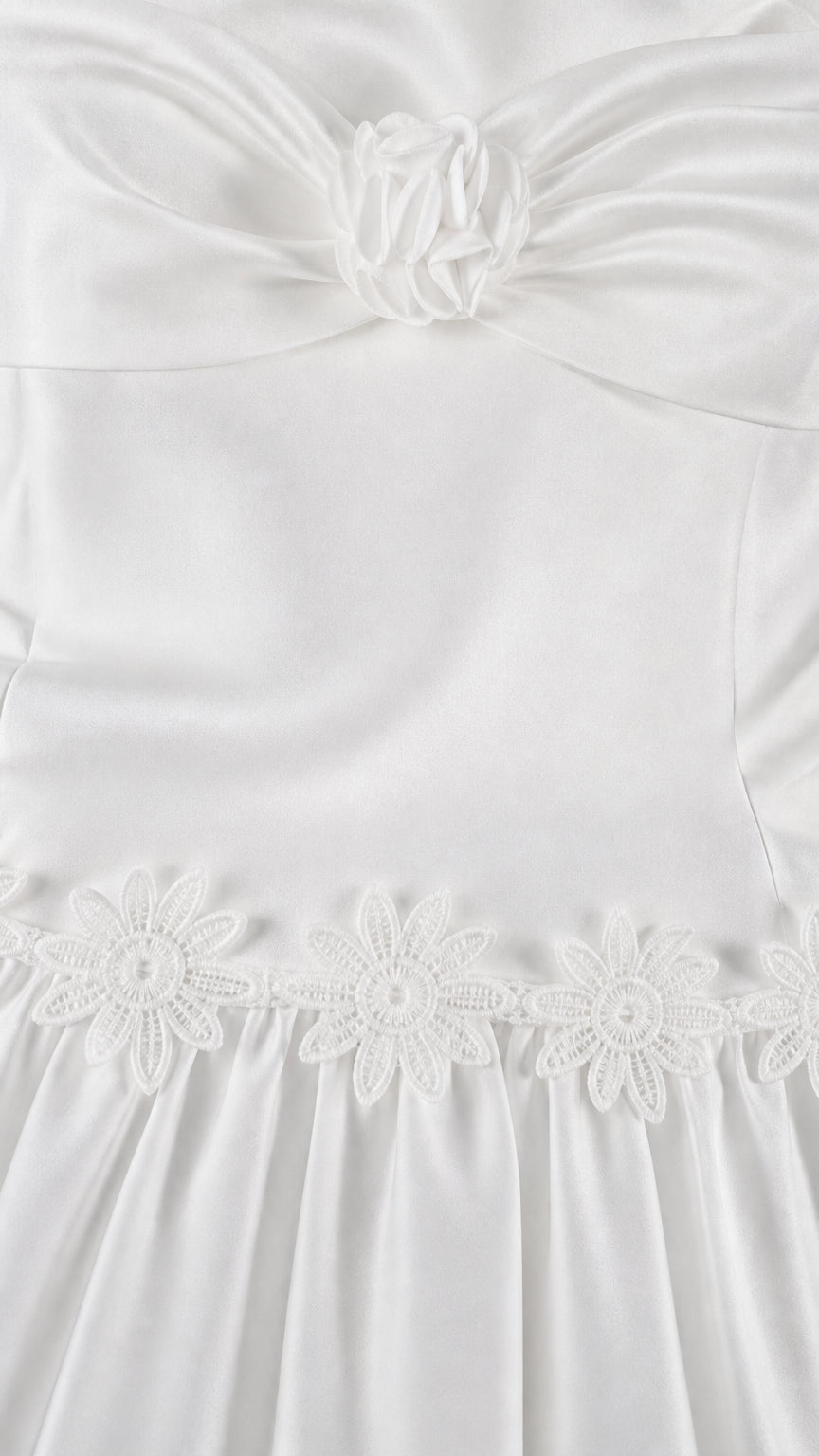 Close-up of floral bodice detail and embroidered skirt seam on white set