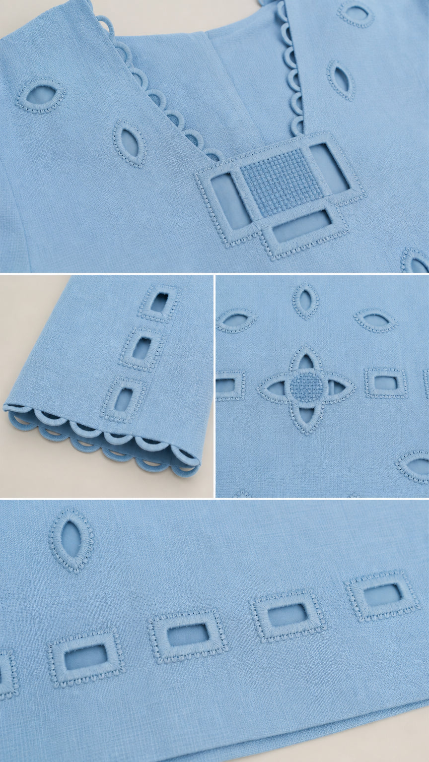 Close-up details of eyelet cutouts and scalloped cuffs