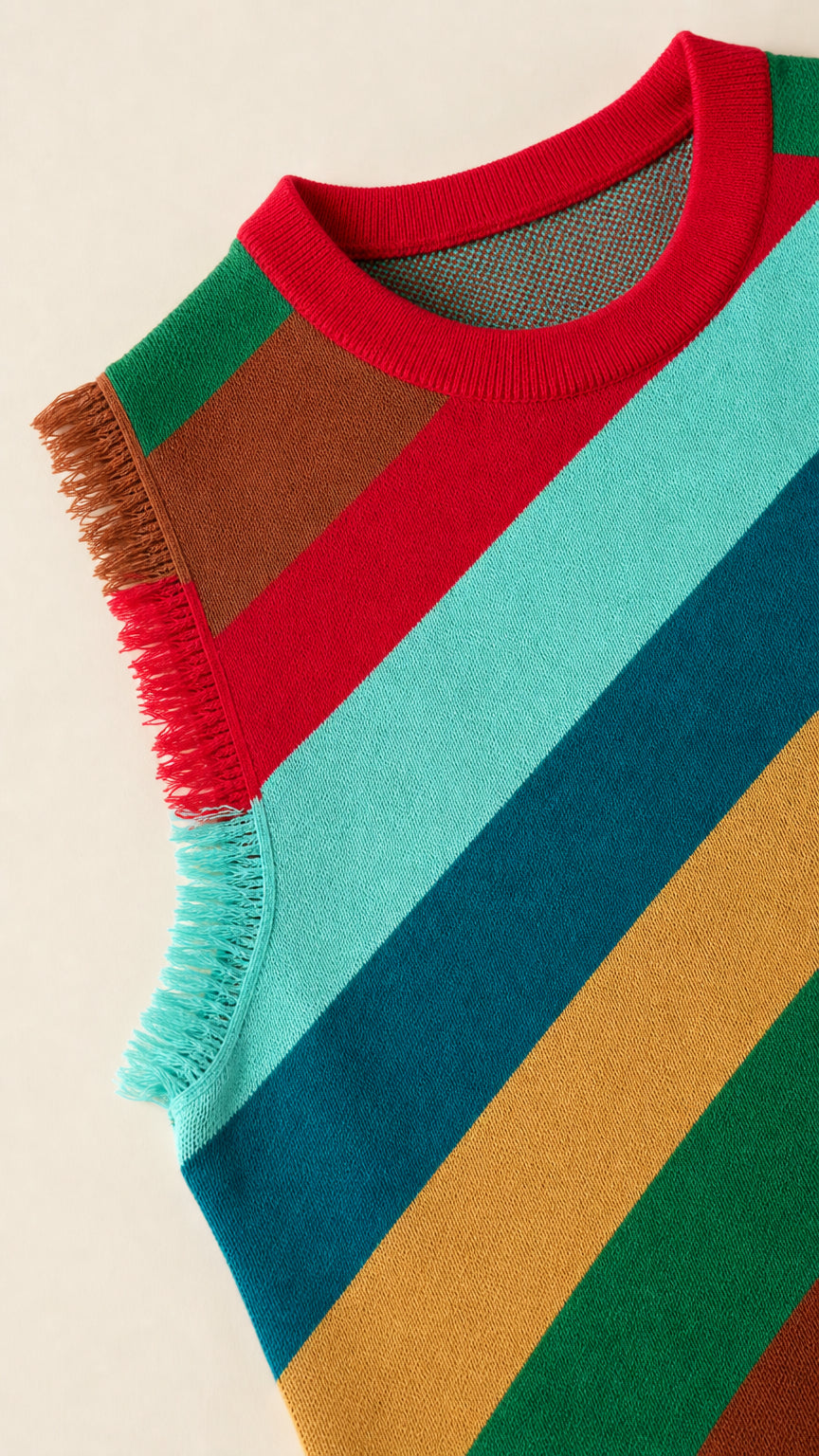 Close-up detail of the crew neckline, knit texture, and fringe armhole trim