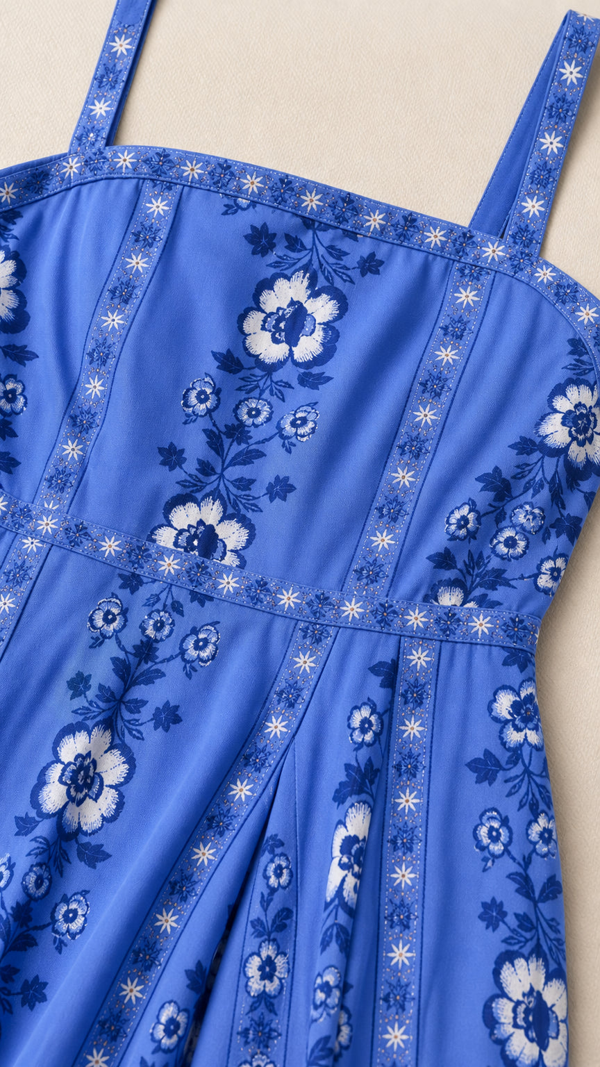 Close-up detail of neckline and floral embroidery