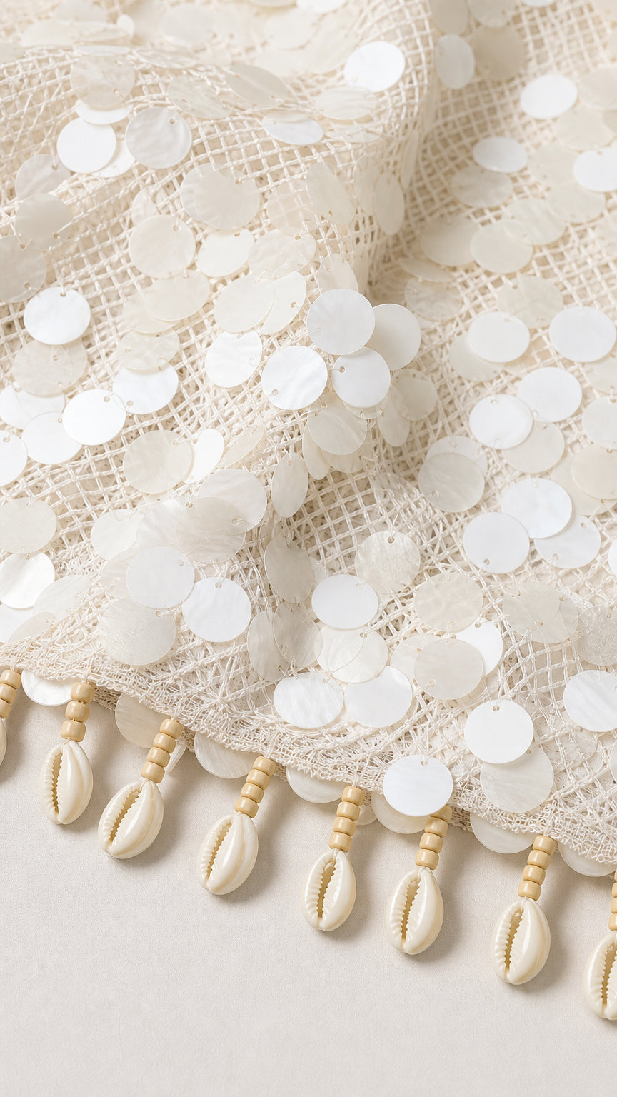 Close-up of fabric showing sequins and shell fringe